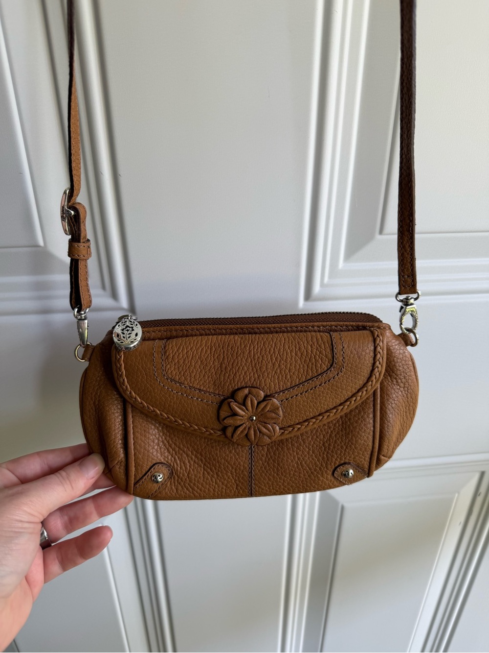 Brighton Brown Pebbled Leather Crossbody with Floral Rosette